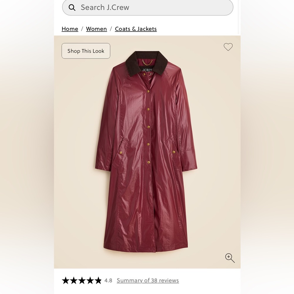 NWT J.Crew Shiny Long Barn Coat | Size XL